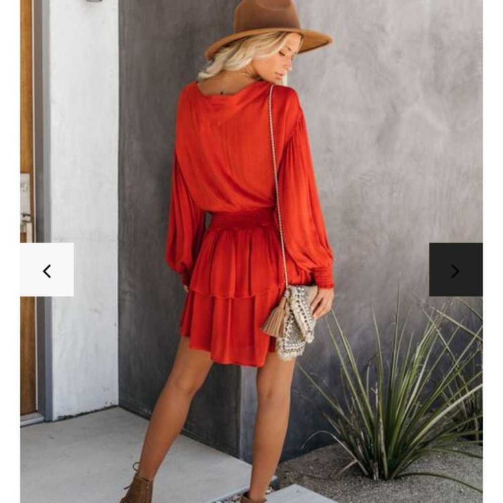 Vici Sundown Smocked Tiered Long sleeve Dress Burnt Orange - Picture 6 of 8